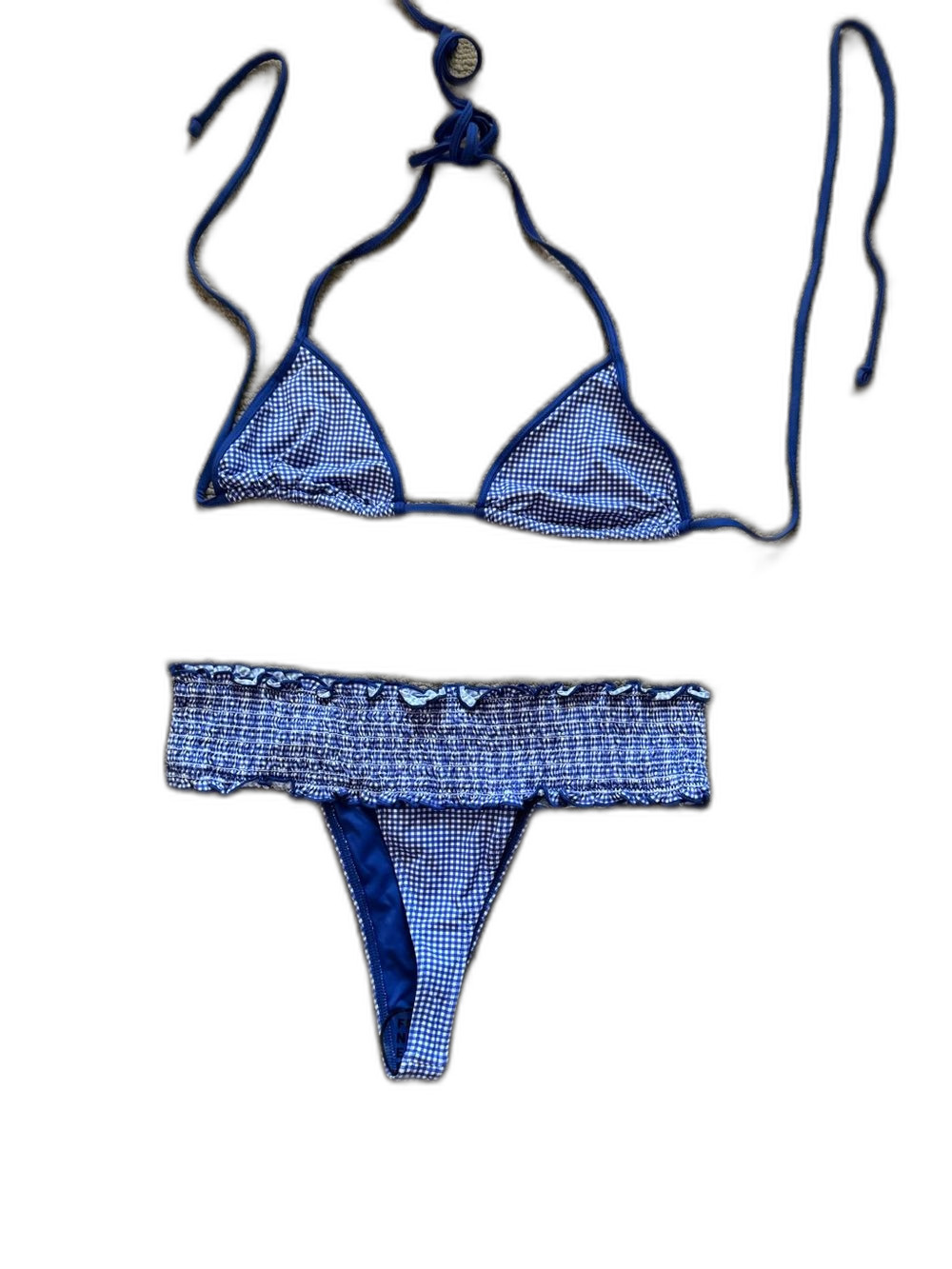 Frankies Bikinis Blue Gingham Smocked Sofie Thong Micro Set Top L Bottom M NWOT